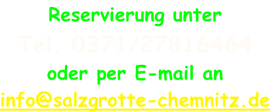 Reservierung unter  Tel. 0371/27816464 oder per E-mail an info@salzgrotte-chemnitz.de